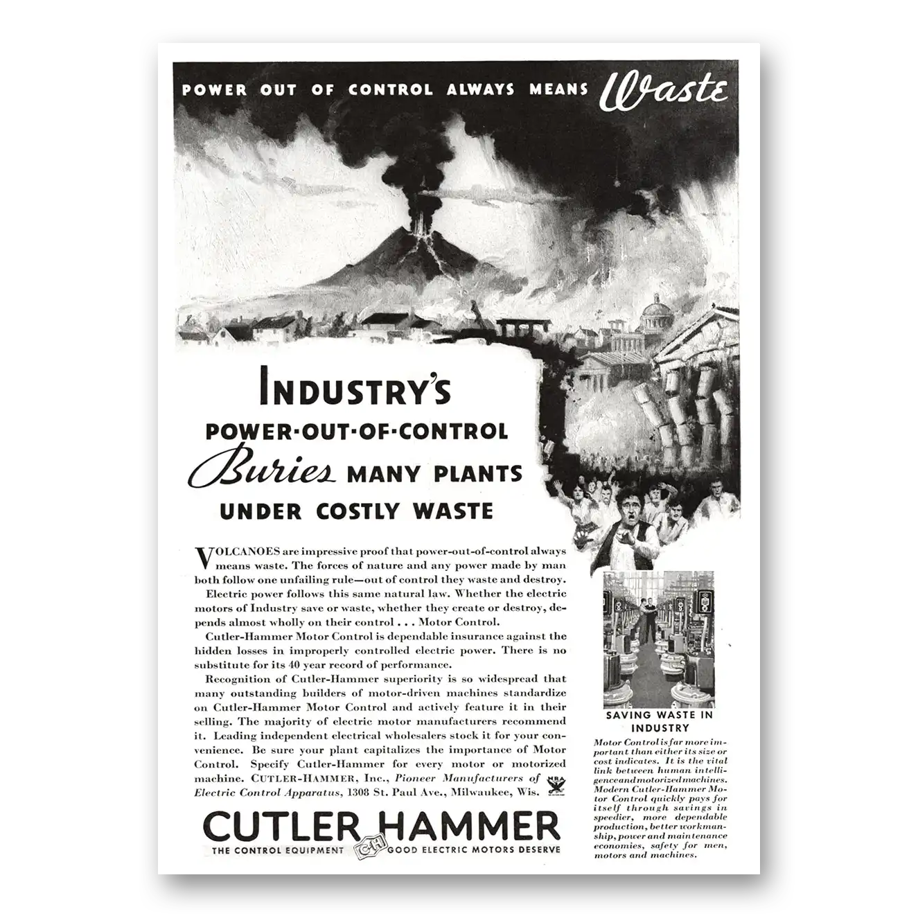 1934 Cutler Hammer Power Out of Control Buries Many Plants Vintage Magazine Print Ad