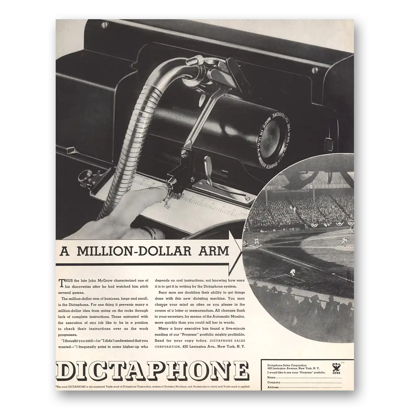 1934 Dictaphone Million Dollar Arm Vintage Magazine Print Ad