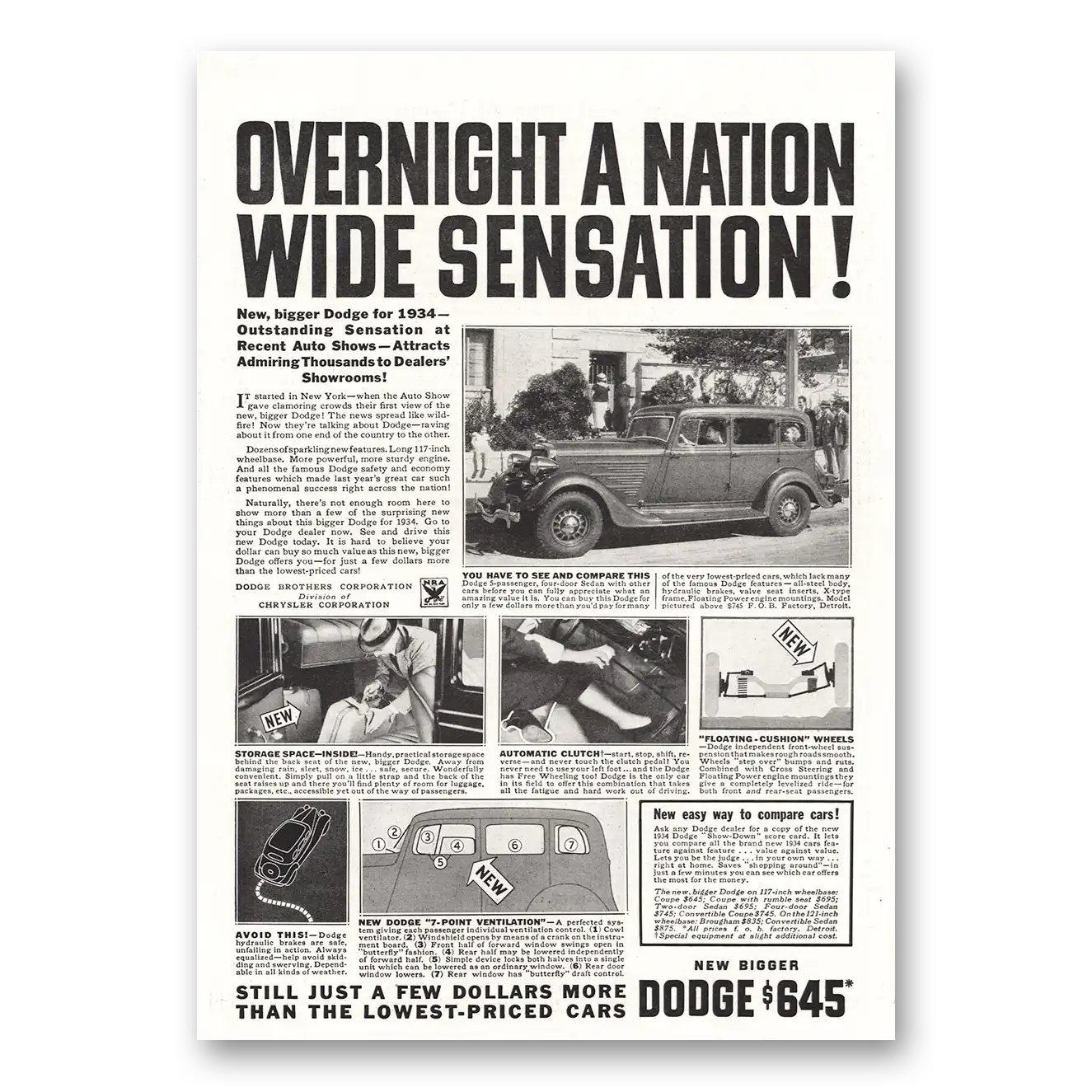 1934 Dodge Overnight Nation Wide Sensation Vintage Magazine Print Ad