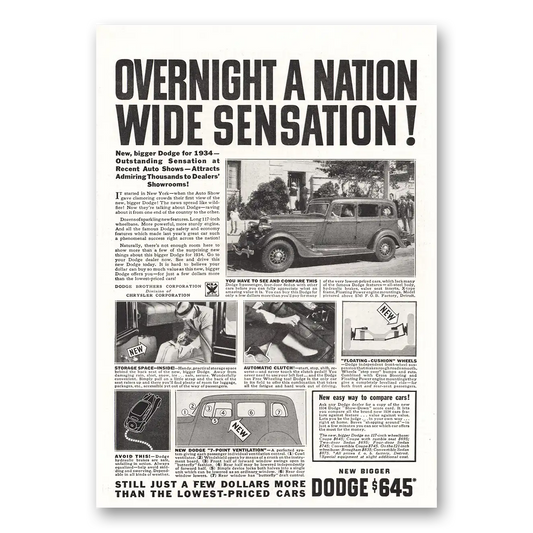 1934 Dodge Overnight Nation Wide Sensation Vintage Magazine Print Ad