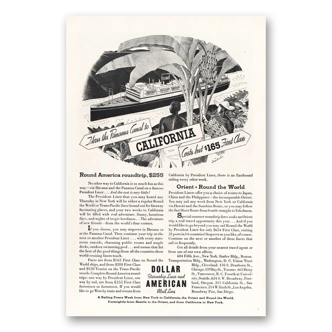 1934 Dollar Steamship Lines Panama Canal to California Vintage Magazine Print Ad