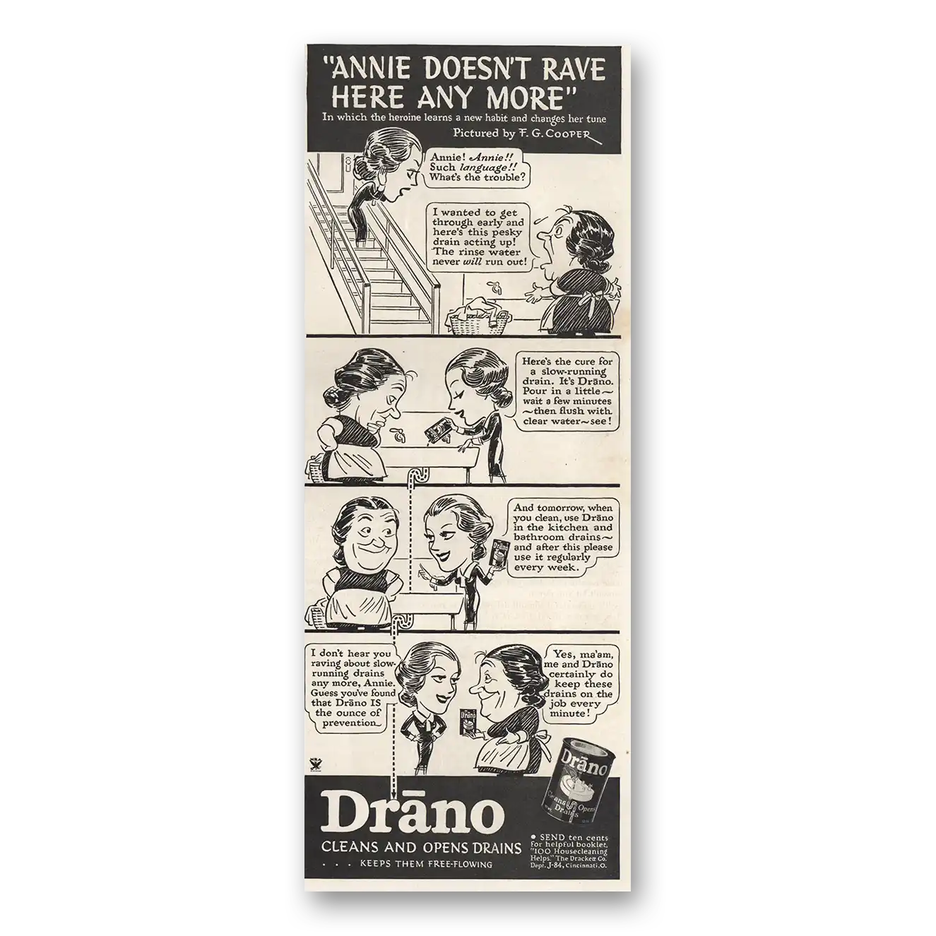 1934 Drano Annie Doesn’t Rave Here Any More Vintage Magazine Print Ad