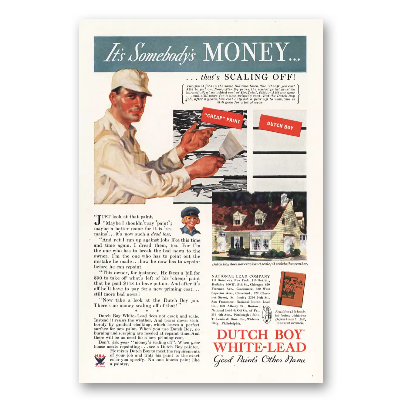 1934 Dutch Boy Paint White Lead Paint Its Somebodys Money Vintage Magazine Print Ad