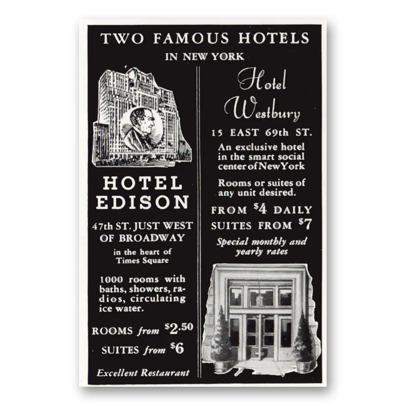 1934 Hotel Edison and Hotel Westbury Two Famous Hotels New York Vintage Magazine Print Ad