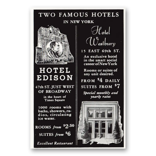 1934 Hotel Edison and Hotel Westbury Two Famous Hotels New York Vintage Magazine Print Ad