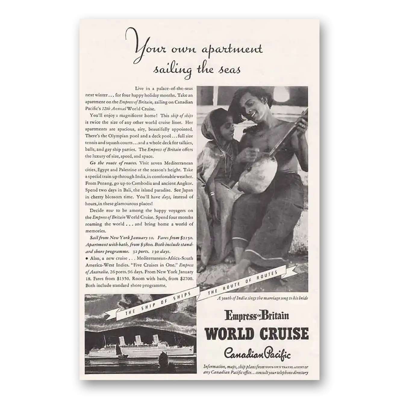 1934 Empress Britain World Cruise World Cruise Your Own Apartment Vintage Magazine Print Ad