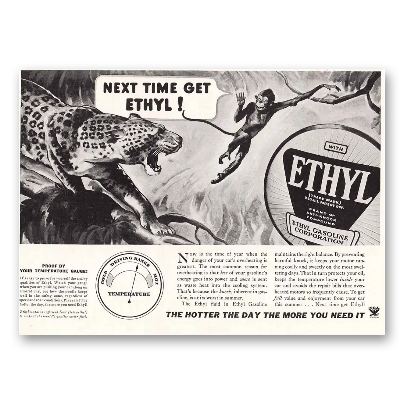 1934 Ethyl Gasoline Next Time Get Ethyl Monkey Vintage Magazine Print Ad