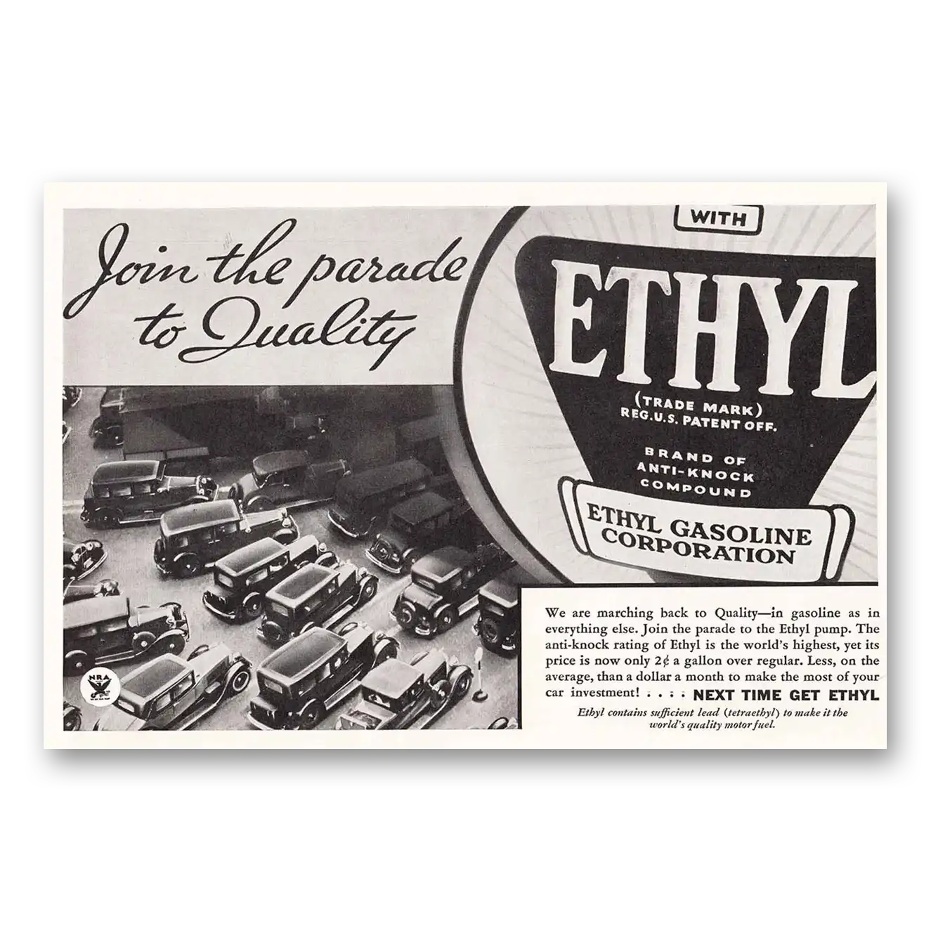 1934 Ethyl Gasoline Join the Parade to Quality Vintage Magazine Print Ad