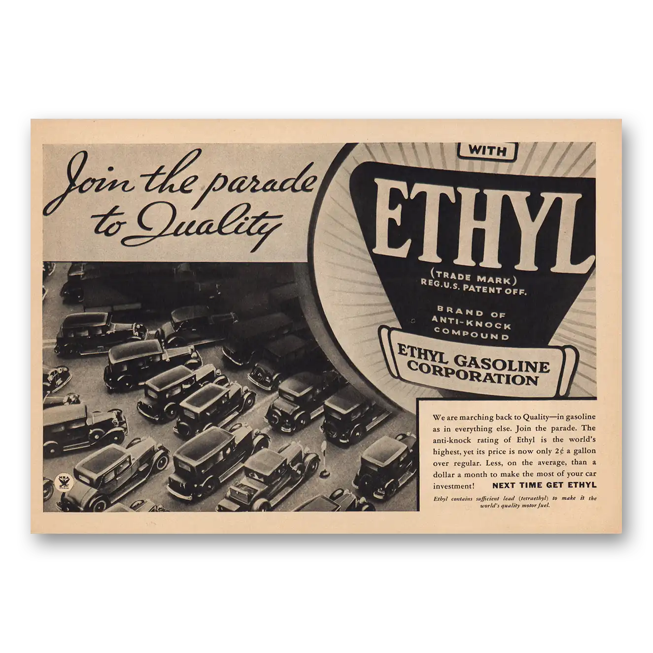 1934 Ethyl Gasoline Parade to Quality Vintage Magazine Print Ad