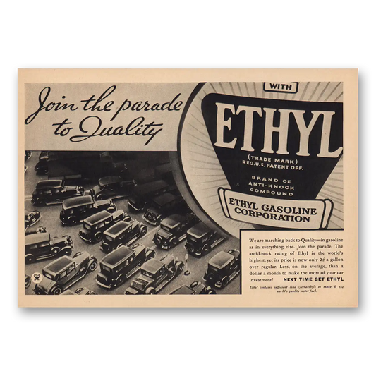 1934 Ethyl Gasoline Parade to Quality Vintage Magazine Print Ad