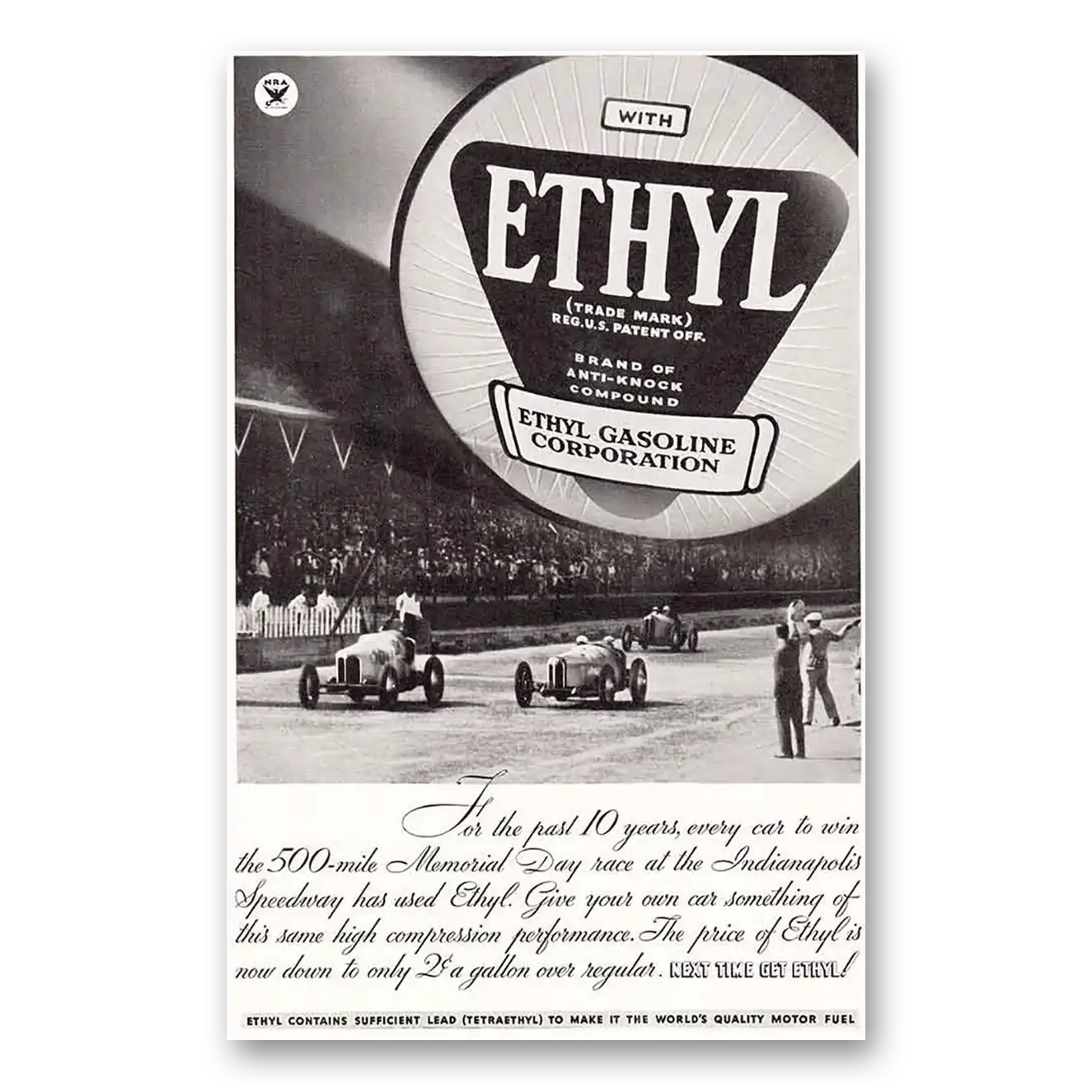 1934 Ethyl Gasoline Indy For the Past Ten Years Vintage Magazine Print Ad