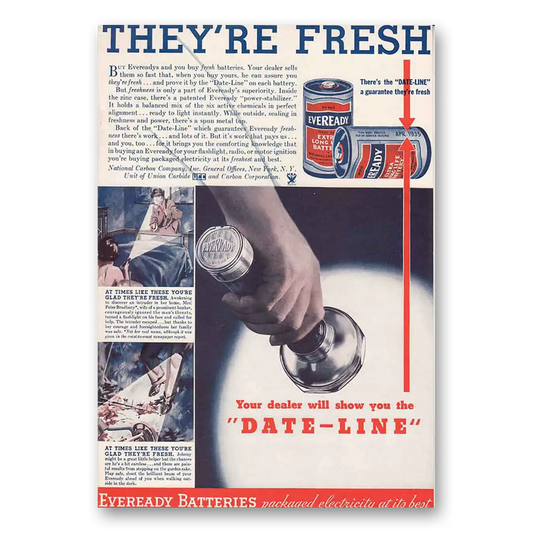 1934 Eveready Batteries They're Fresh Date Line Vintage Magazine Print Ad