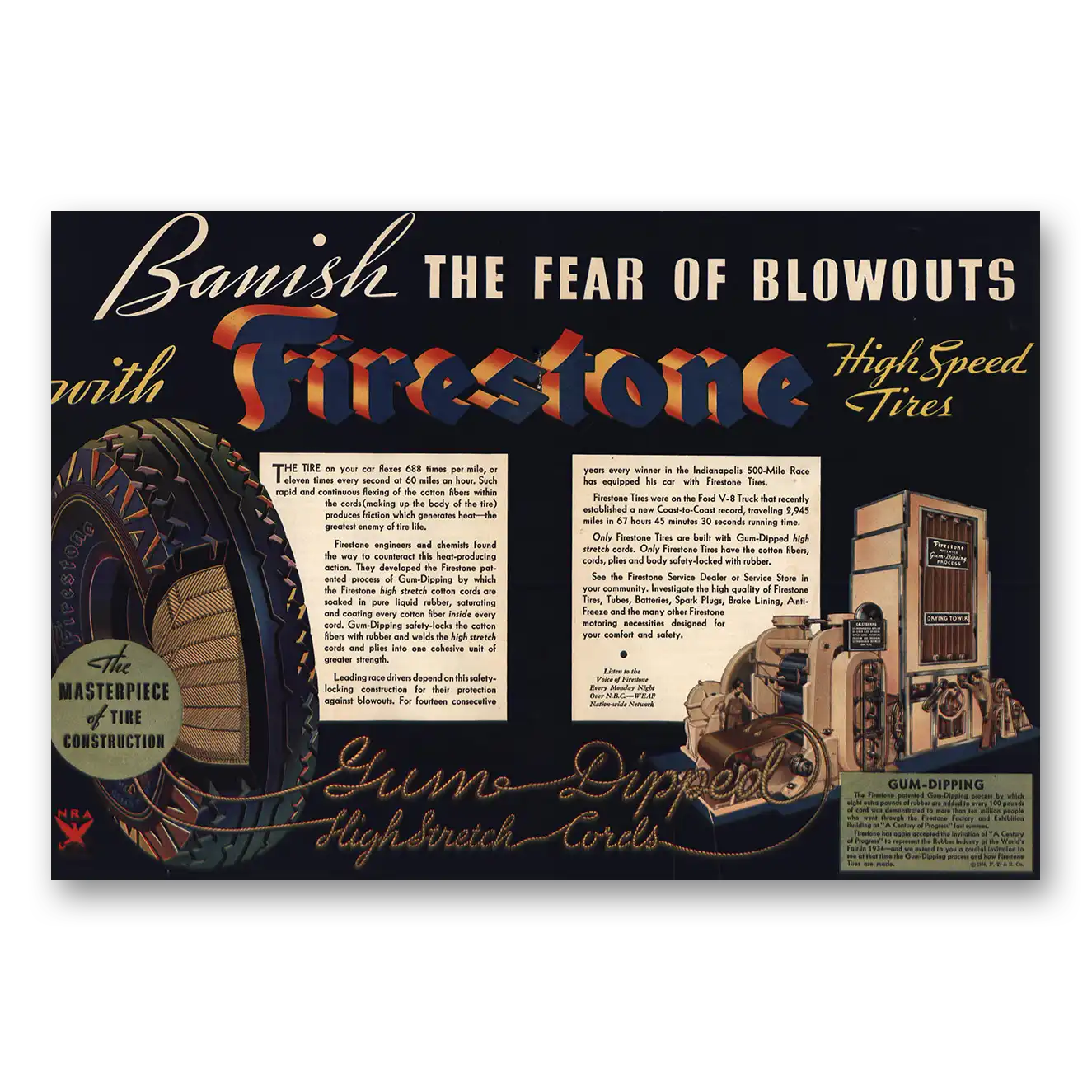 1934 Firestone Tires Banish Fear Blowouts Vintage Magazine Print Ad