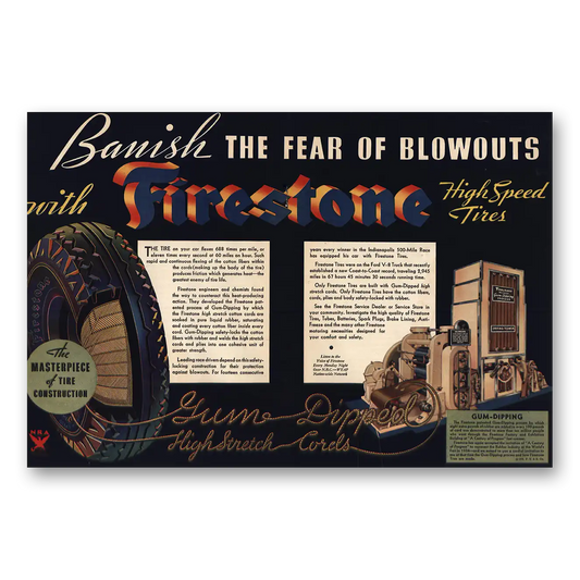 1934 Firestone Tires Banish Fear Blowouts Vintage Magazine Print Ad