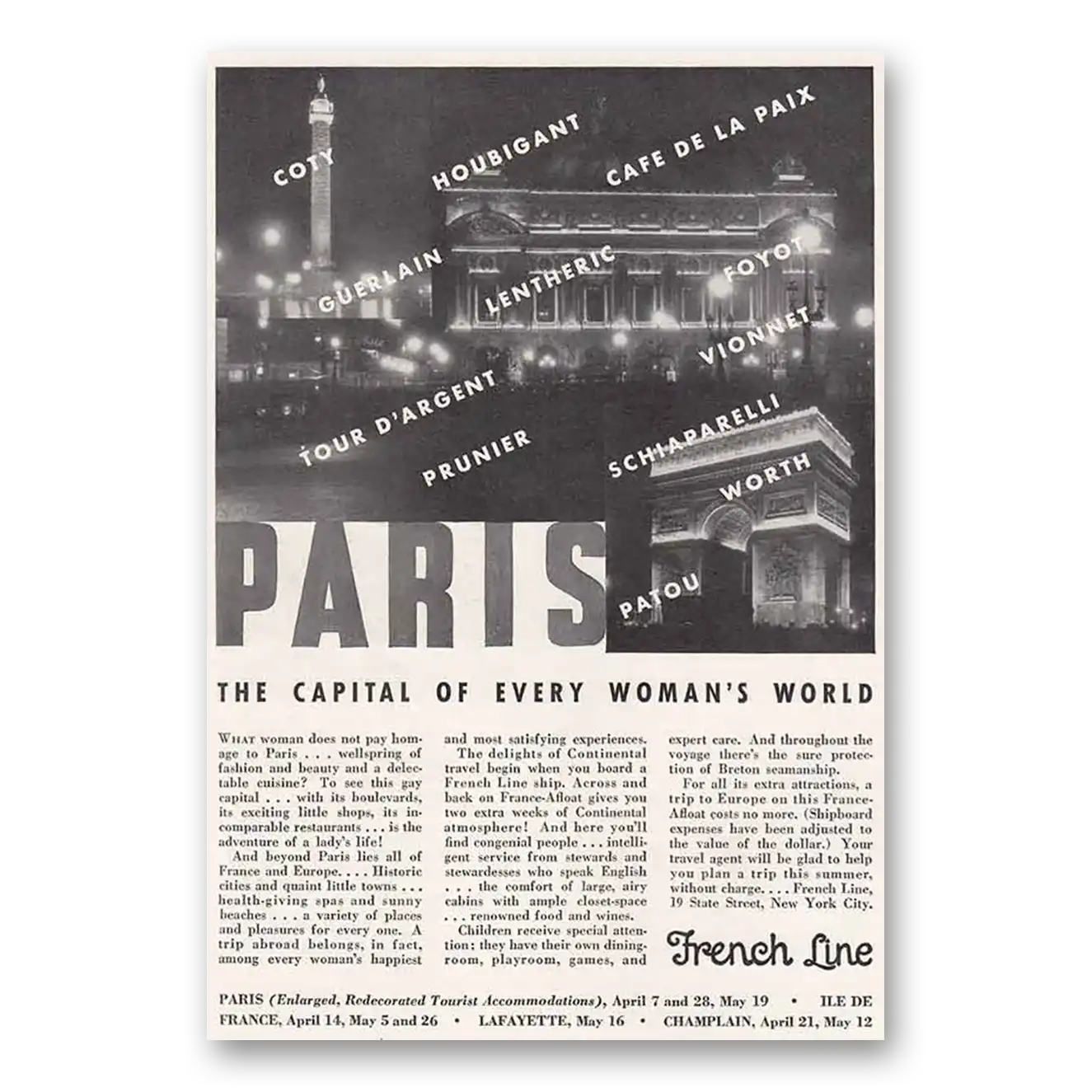 1934 French Line Paris Capital of Every Womans World Vintage Magazine Print Ad