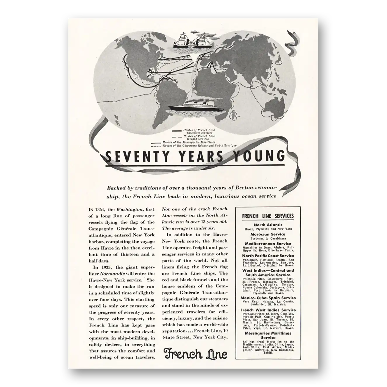 1934 French Line Seventy Years Young Vintage Magazine Print Ad