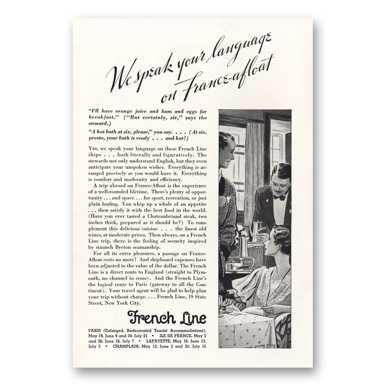 1934 French Line We Speak Your Language Vintage Magazine Print Ad