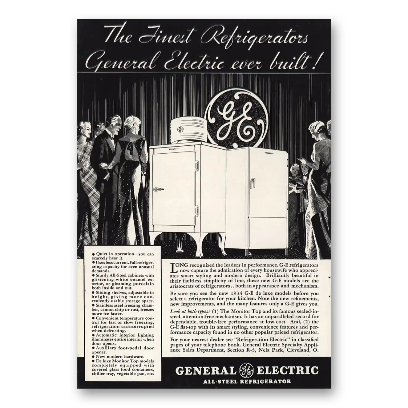 1934 General Electric Refrigerator Finest Refrigerator Ever Built Vintage Magazine Print Ad