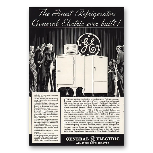 1934 General Electric Refrigerator Finest Refrigerator Ever Built Vintage Magazine Print Ad