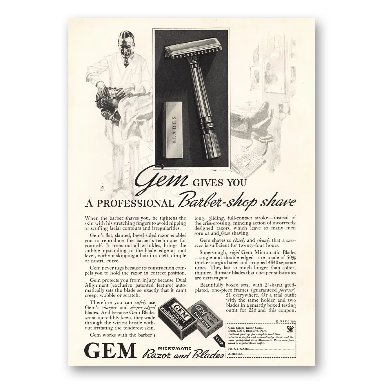 1934 Gem Razor and Blades Professional Barber Shop Shave Vintage Magazine Print Ad