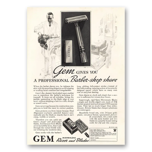 1934 Gem Razor and Blades Professional Barber Shop Shave Vintage Magazine Print Ad