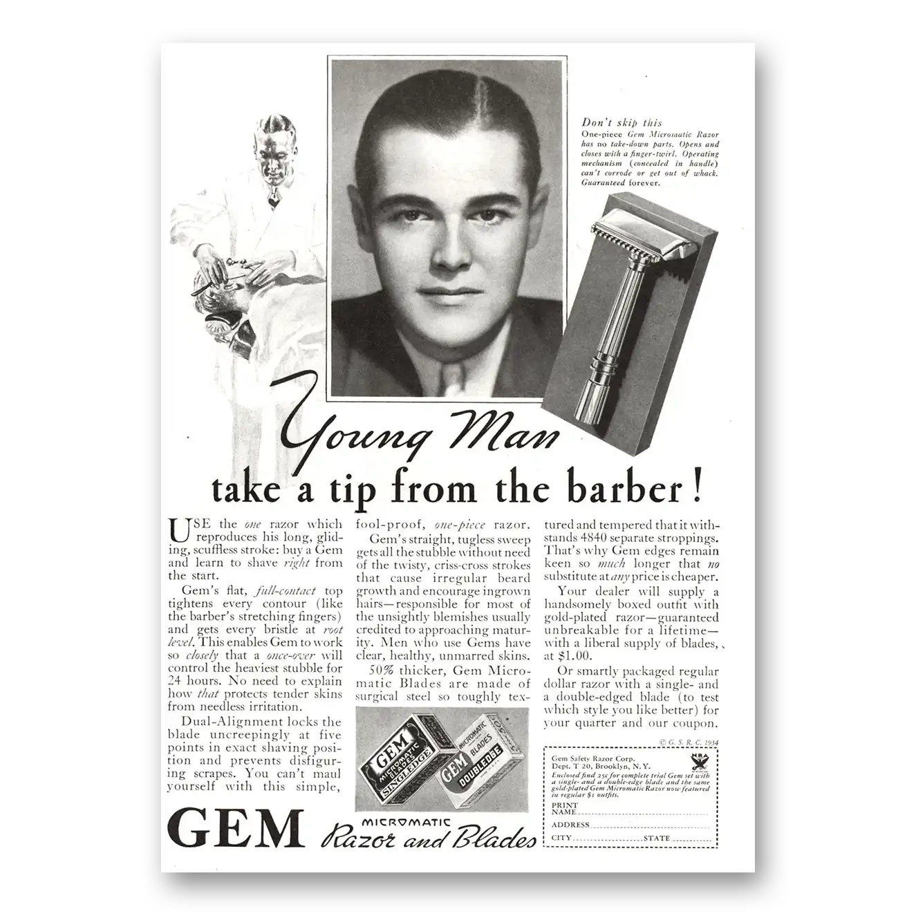 1934 Gem Razor and Blades Young Man Take a Tip From the Barber Vintage Magazine Print Ad