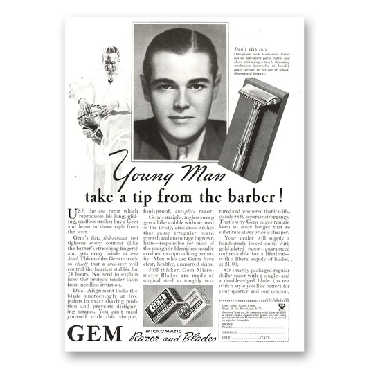 1934 Gem Razor and Blades Young Man Take a Tip From the Barber Vintage Magazine Print Ad