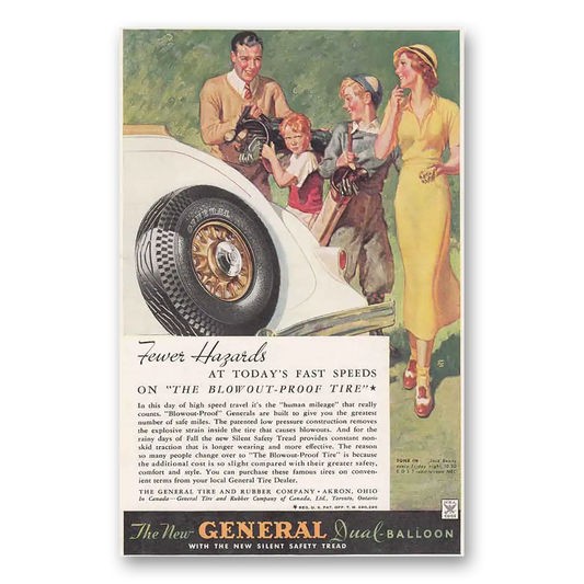 1934 General Tire Dual Balloon Tires Fewer Hazards Vintage Magazine Print Ad