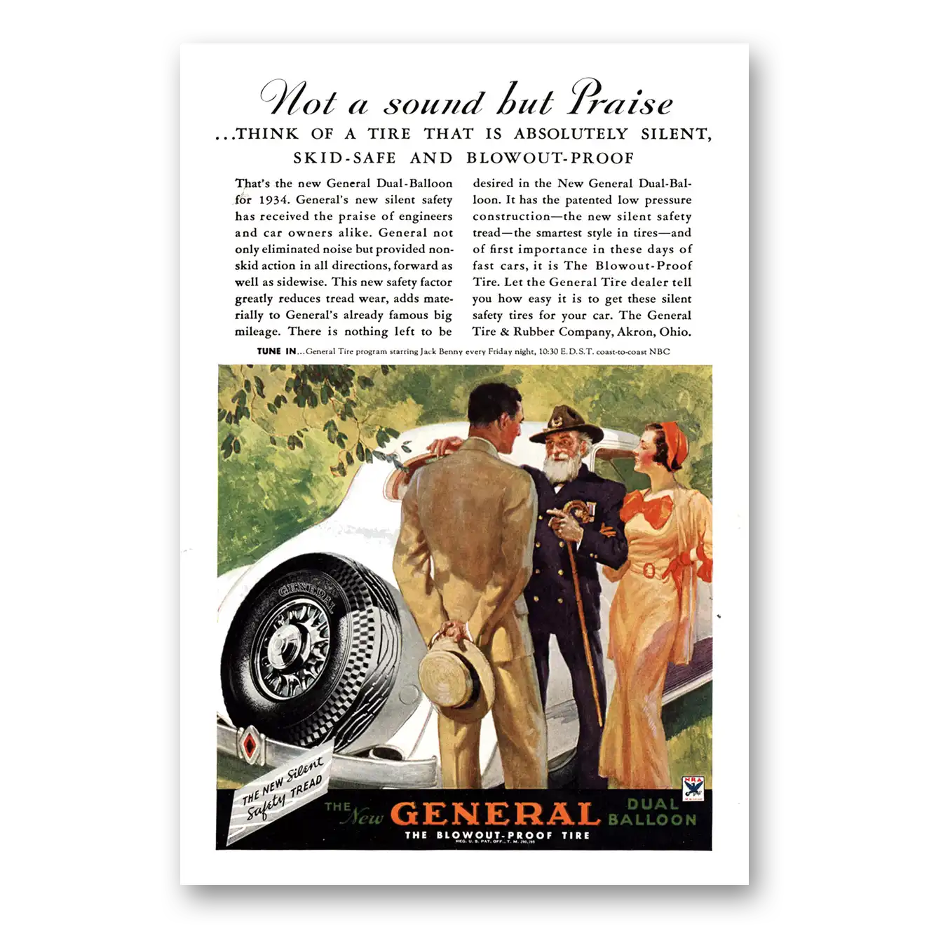 1934 General Tire Dual Tires Not a Sound But Praise Vintage Magazine Print Ad