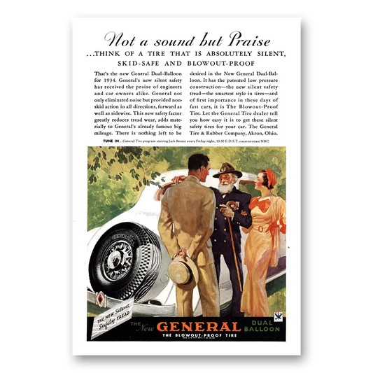 1934 General Tire Dual Tires Not a Sound But Praise Vintage Magazine Print Ad