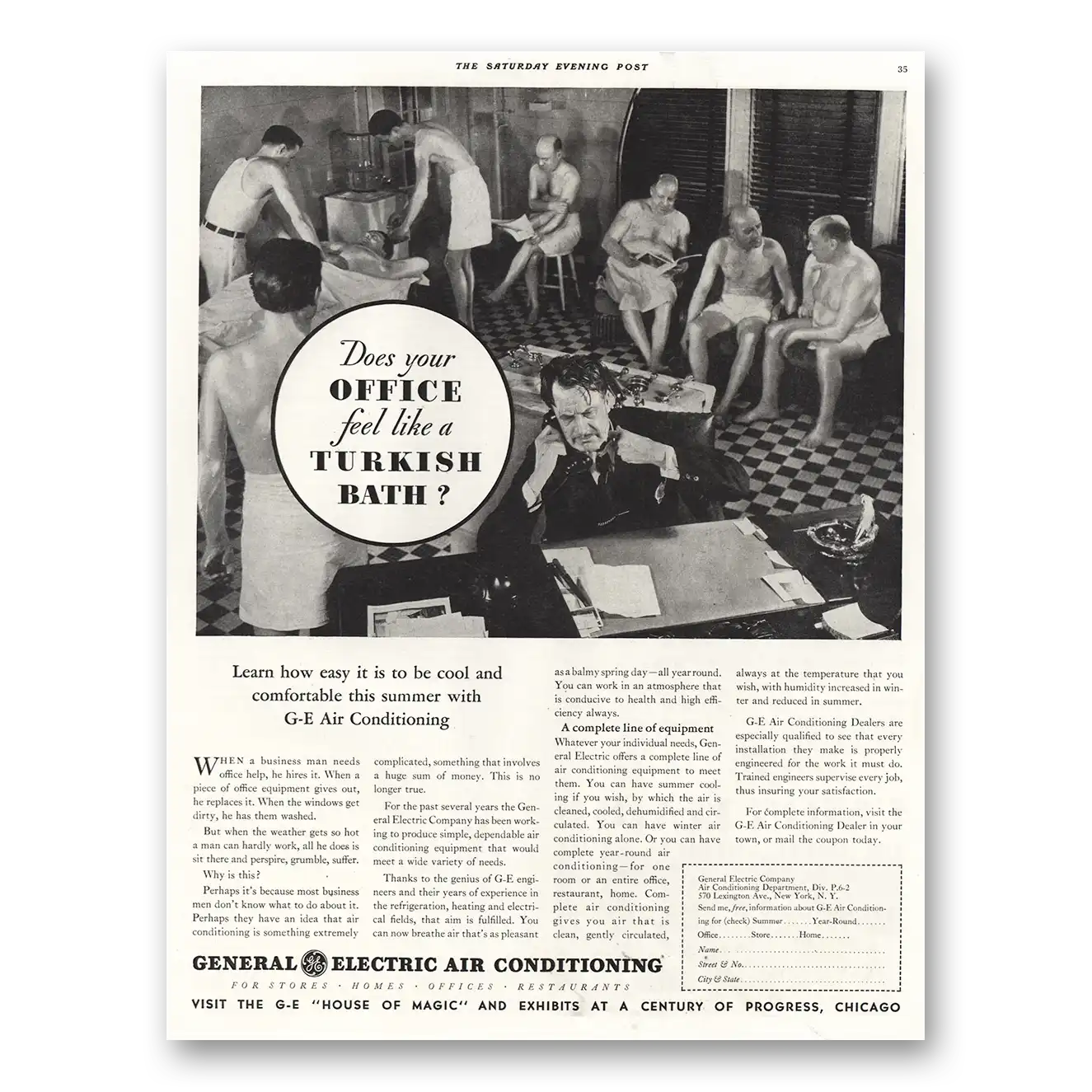 1934 General Electric Air Conditioner Office Feel Like Turkish Bath Vintage Magazine Print Ad