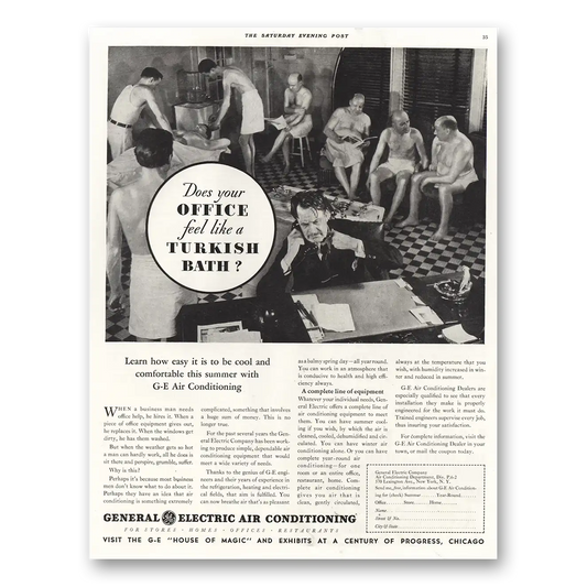 1934 General Electric Air Conditioner Office Feel Like Turkish Bath Vintage Magazine Print Ad