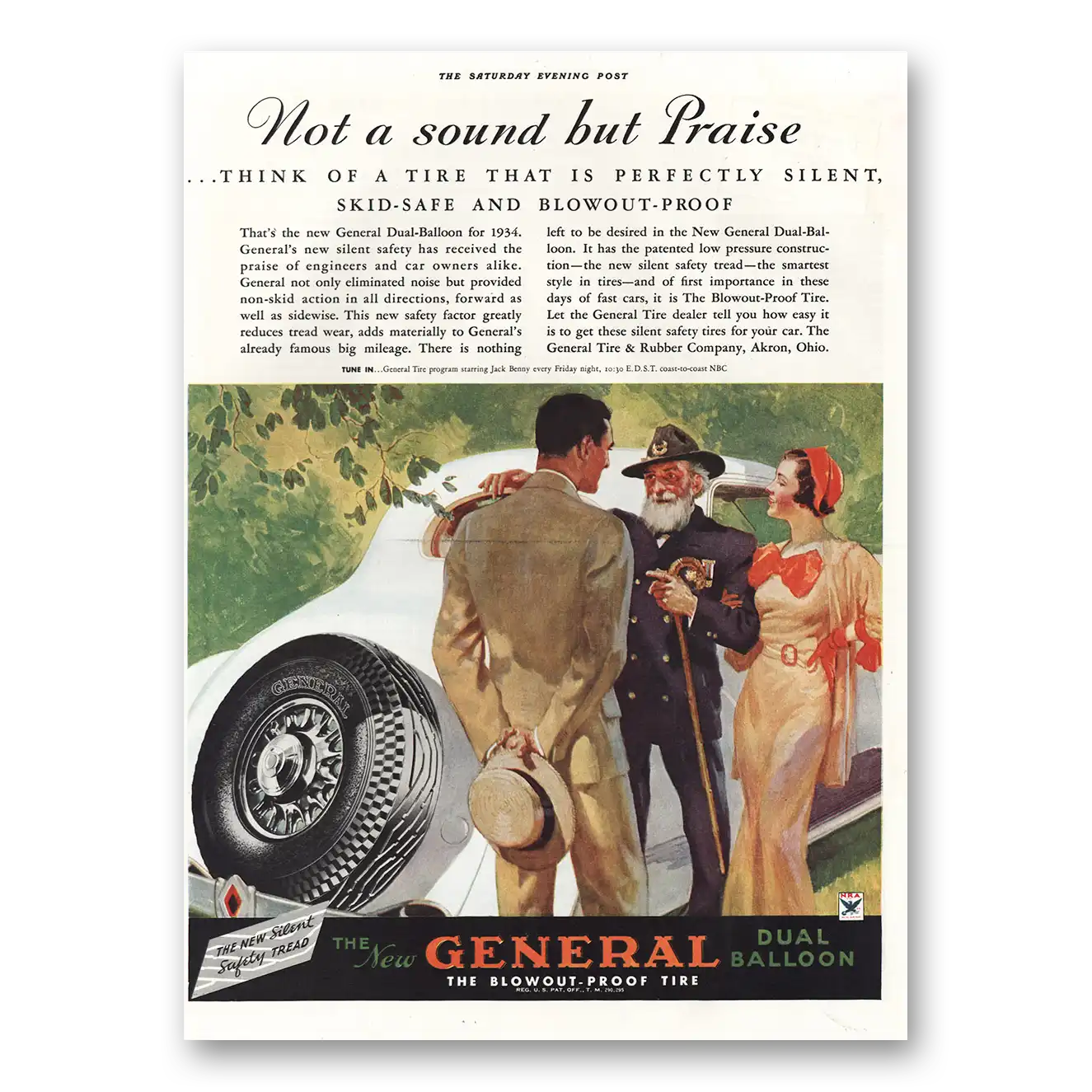 1934 General Tire Not a Sound But Praise Vintage Magazine Print Ad