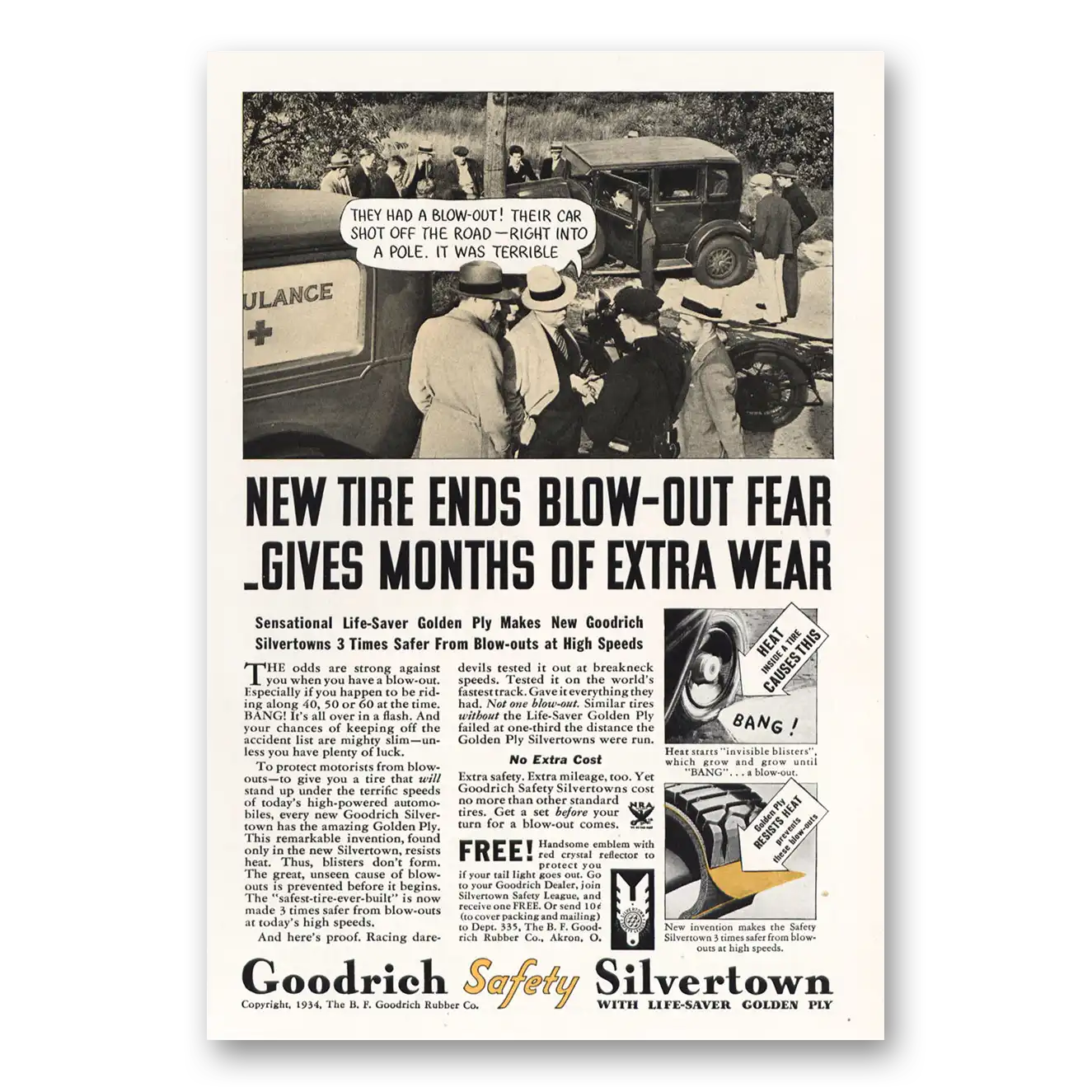 1934 Goodrich Silvertown Tires Car Shot Off the Road Vintage Magazine Print Ad