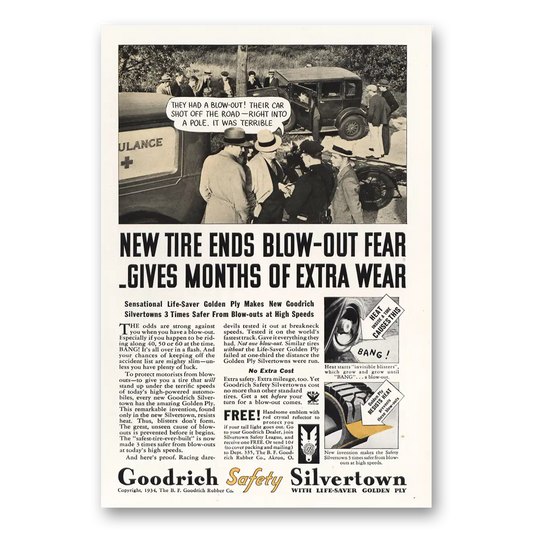 1934 Goodrich Silvertown Tires Car Shot Off the Road Vintage Magazine Print Ad