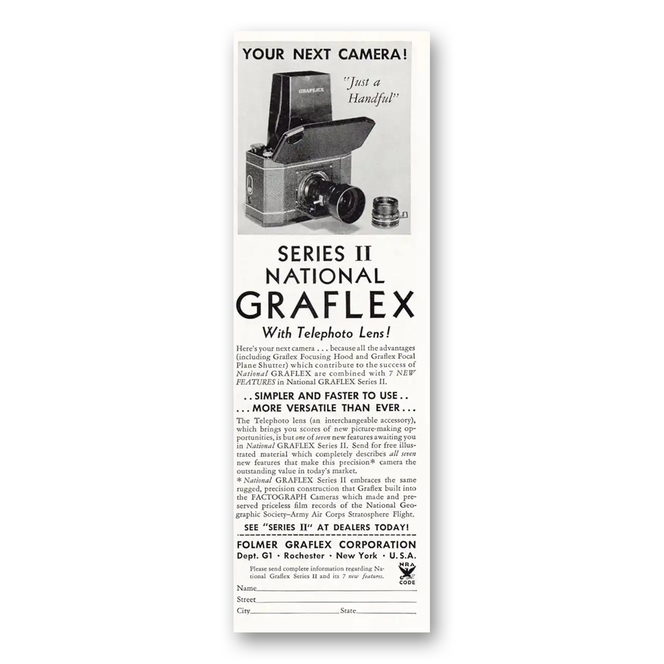 1934 Graflex Cameras Series II Your Next Camera Just a Handful Vintage Magazine Print Ad