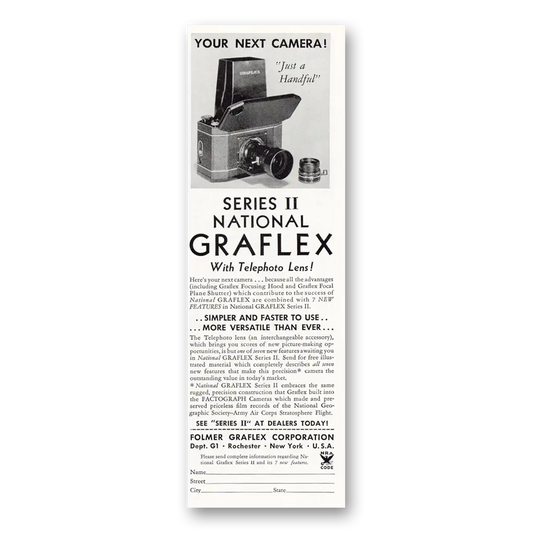 1934 Graflex Cameras Series II Your Next Camera Just a Handful Vintage Magazine Print Ad