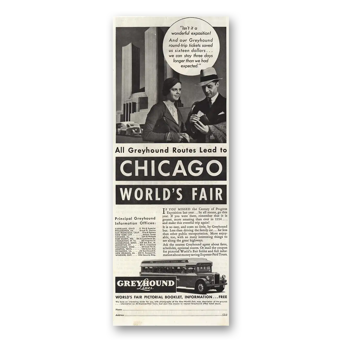 1934 Greyhound Chicago Worlds Fair Vintage Magazine Print Ad