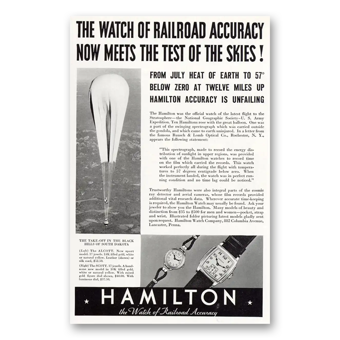 1934 Hamilton Watch Railroad Accuracy Test of the Skies Vintage Magazine Print Ad