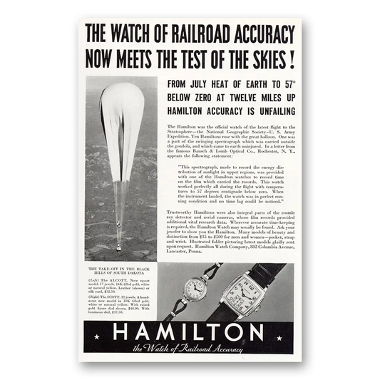 1934 Hamilton Watch Railroad Accuracy Test of the Skies Vintage Magazine Print Ad