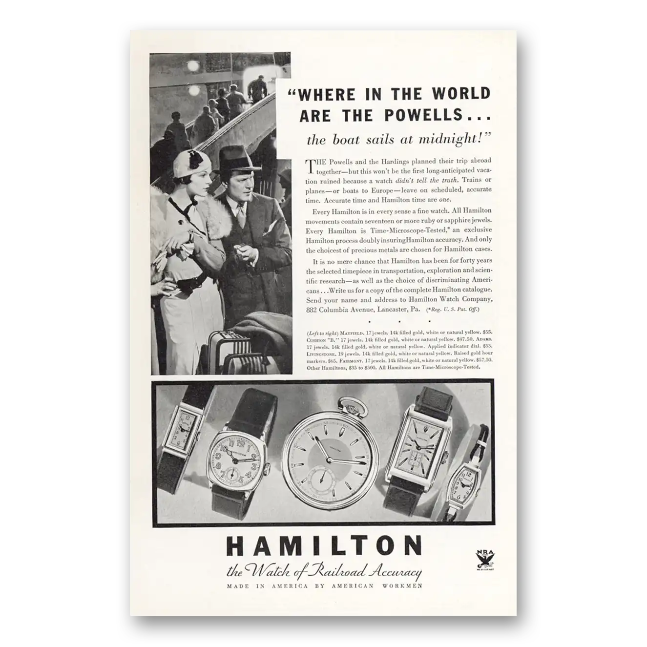 1934 Hamilton Watch Where in the World are the Powells Vintage Magazine Print Ad