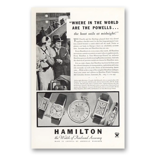 1934 Hamilton Watch Where in the World are the Powells Vintage Magazine Print Ad