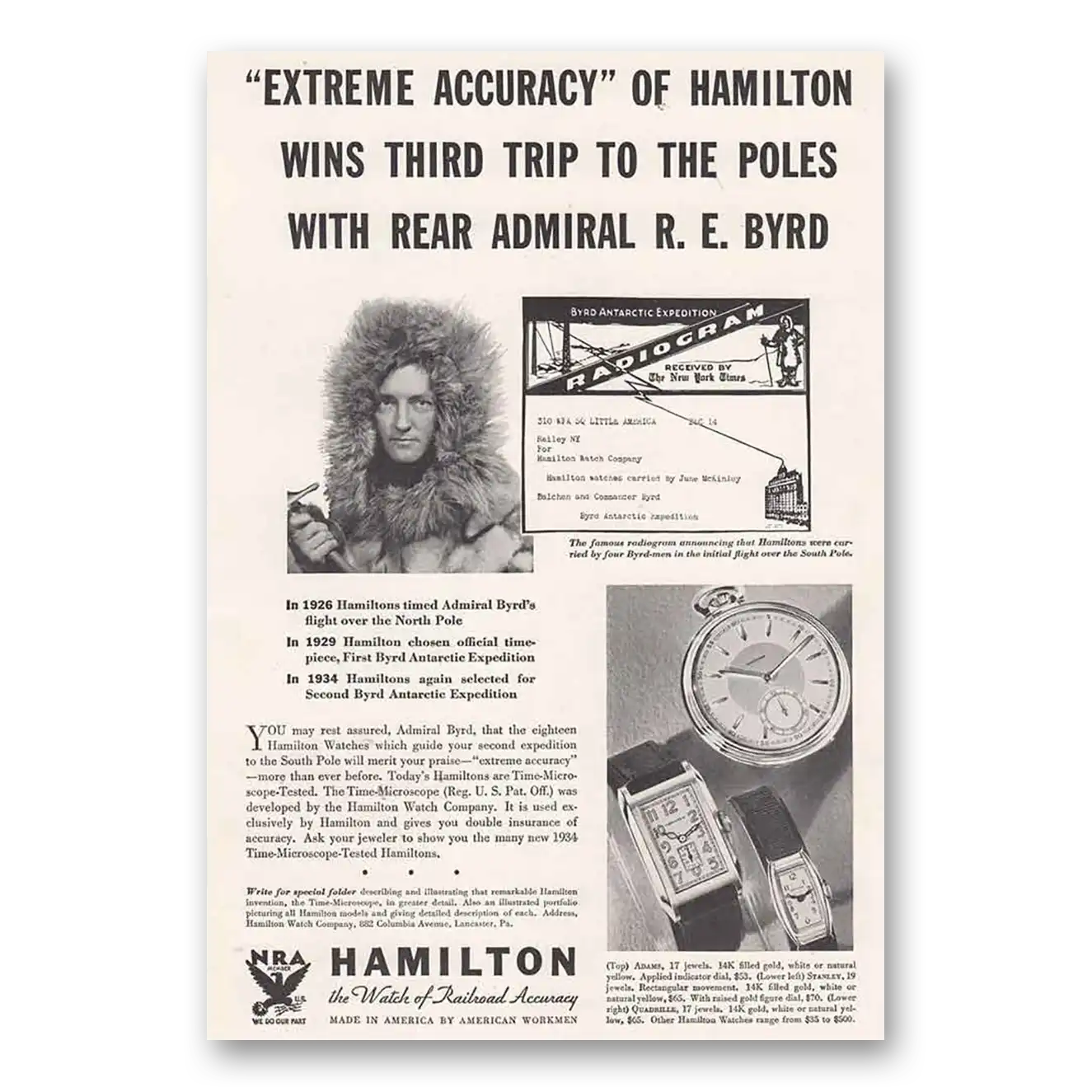 1934 Hamilton Watch Rear Admiral R E Byrd Vintage Magazine Print Ad