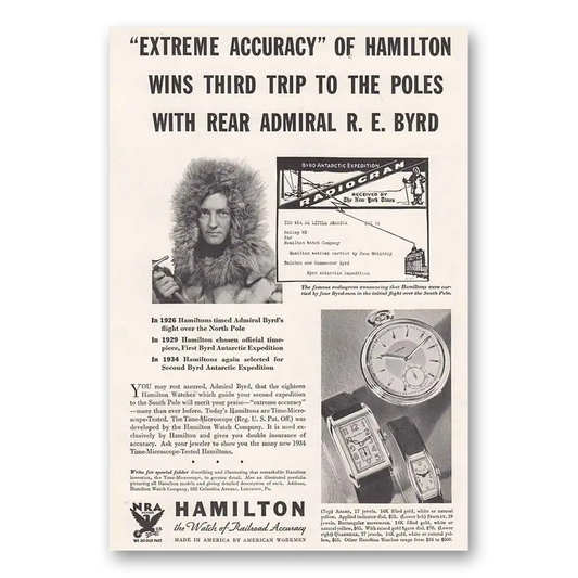 1934 Hamilton Watch Rear Admiral R E Byrd Vintage Magazine Print Ad