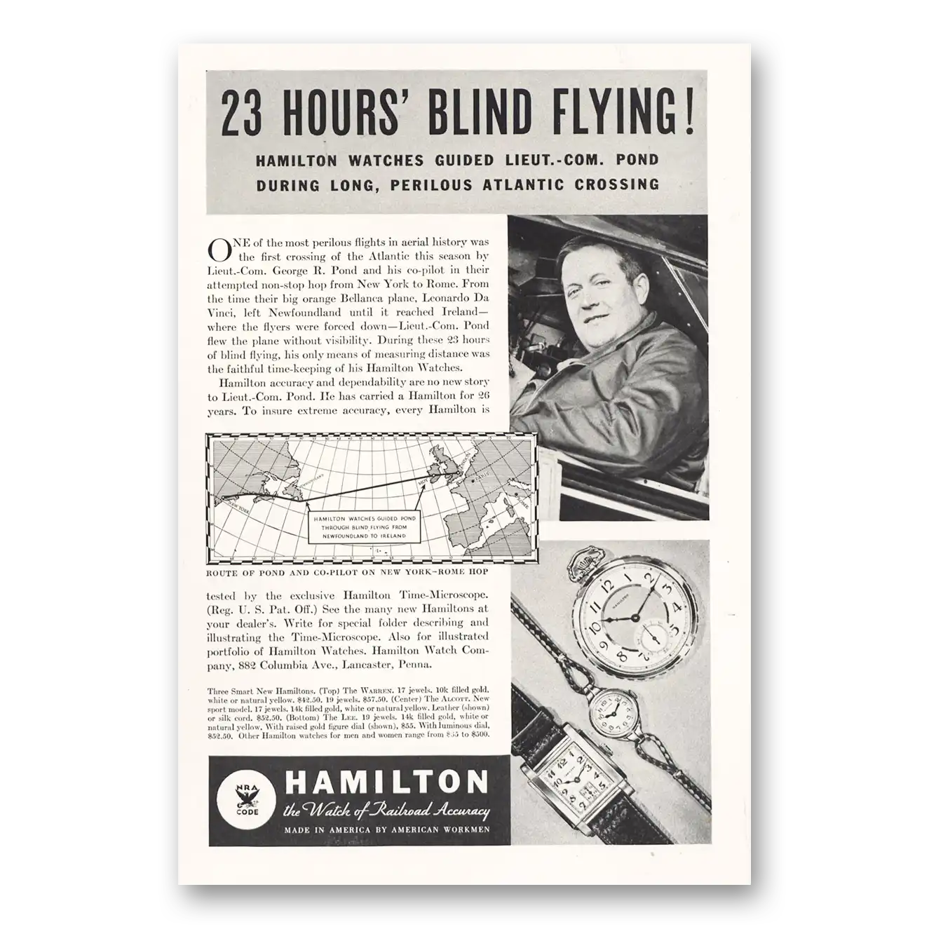 1934 Hamilton Watch Blind Flying George R Pond Vintage Magazine Print Ad