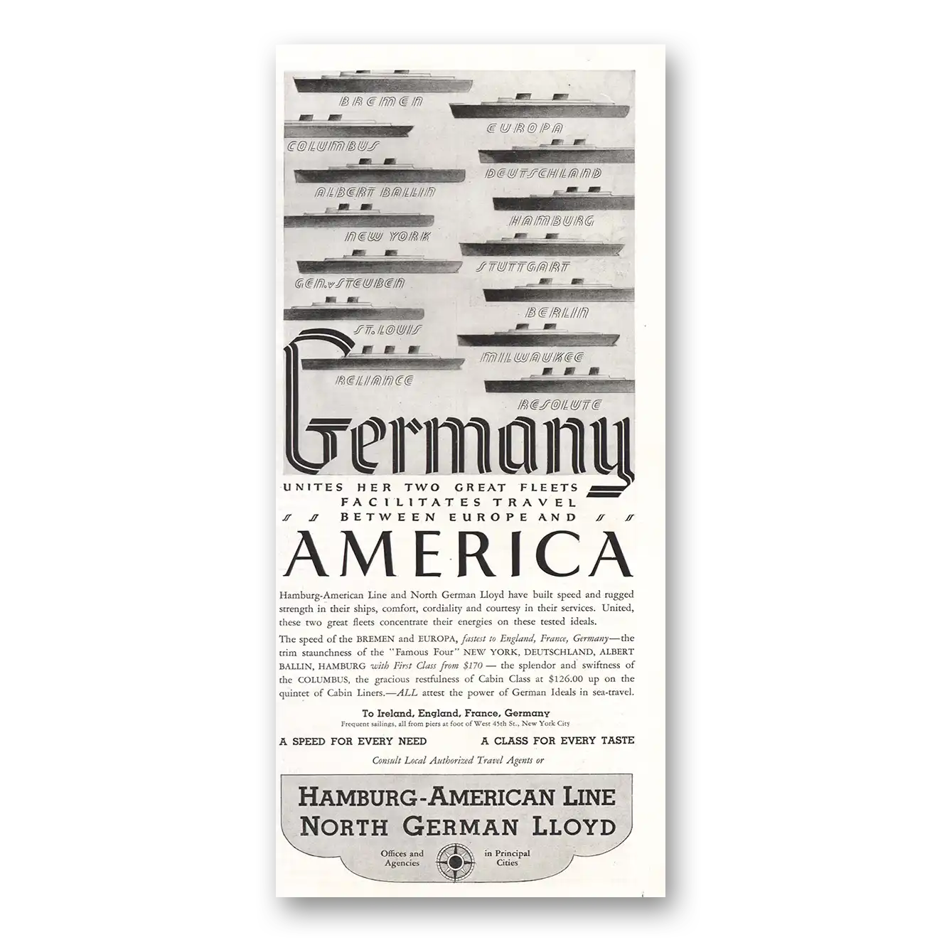 1934 Hamburg American Line Germany America Vintage Magazine Print Ad