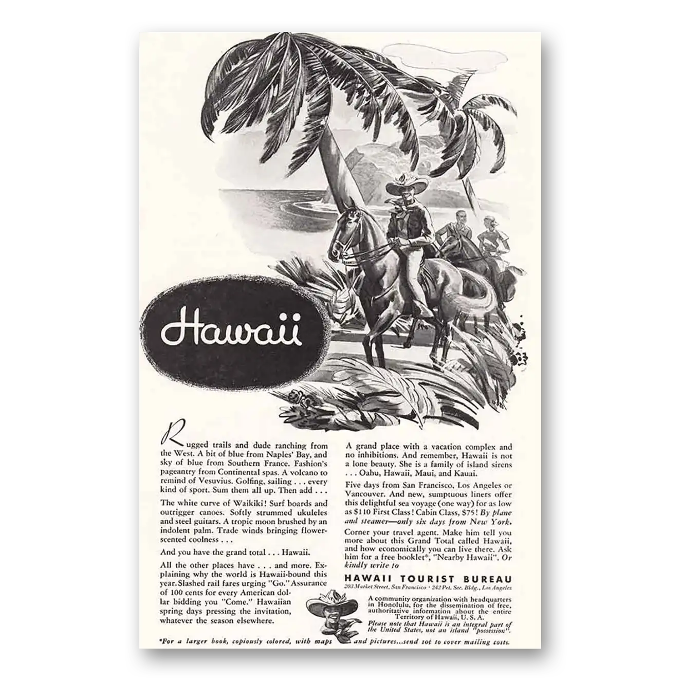 1934 Hawaii Rugged Trails and Dude Ranching Vintage Magazine Print Ad