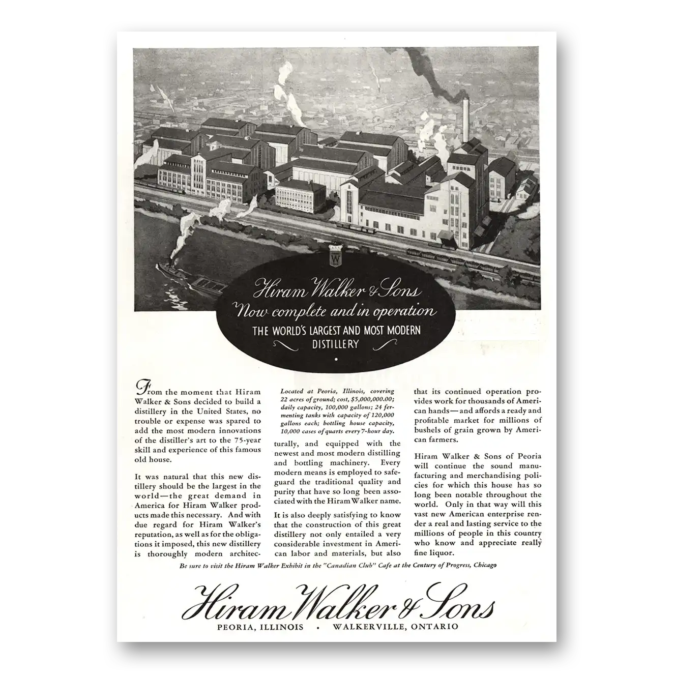 1934 Hiram Walker Complete and In Operation Vintage Magazine Print Ad