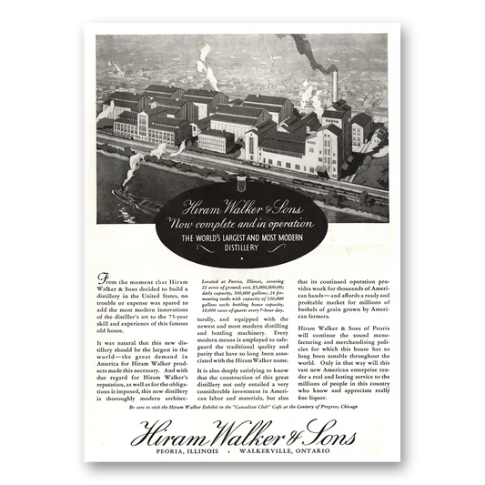 1934 Hiram Walker Complete and In Operation Vintage Magazine Print Ad