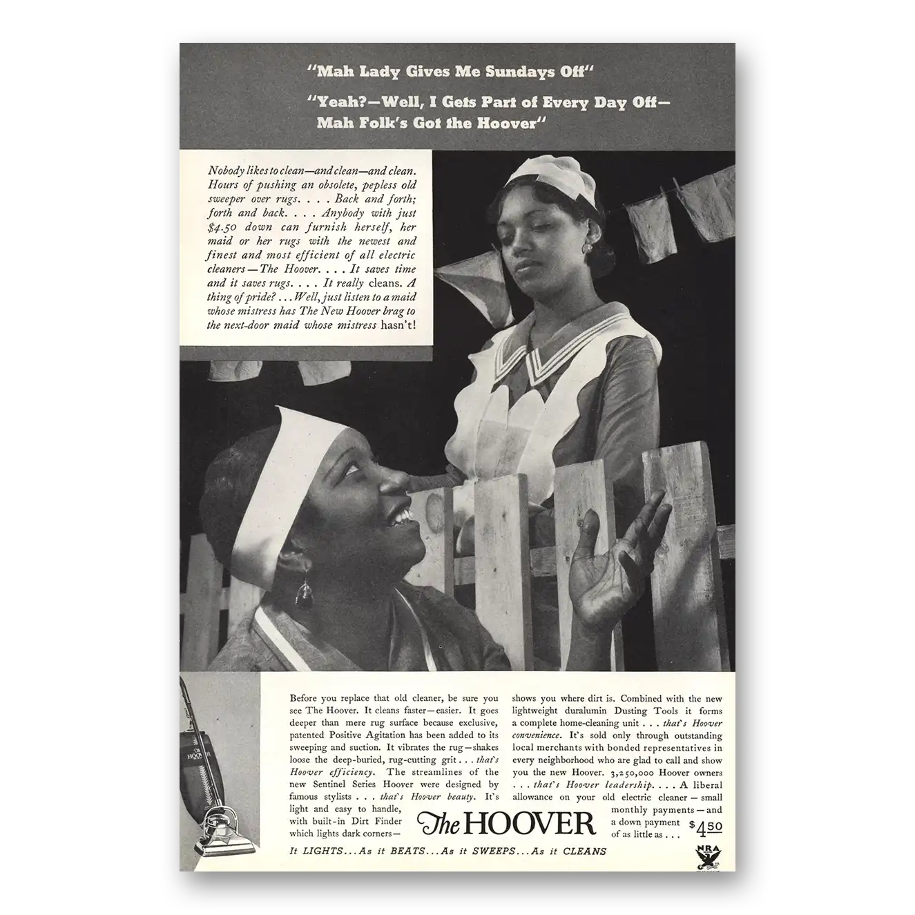 1934 Hoover Vacuum Mah Lady Gives Me Sundays Off Vintage Magazine Print Ad